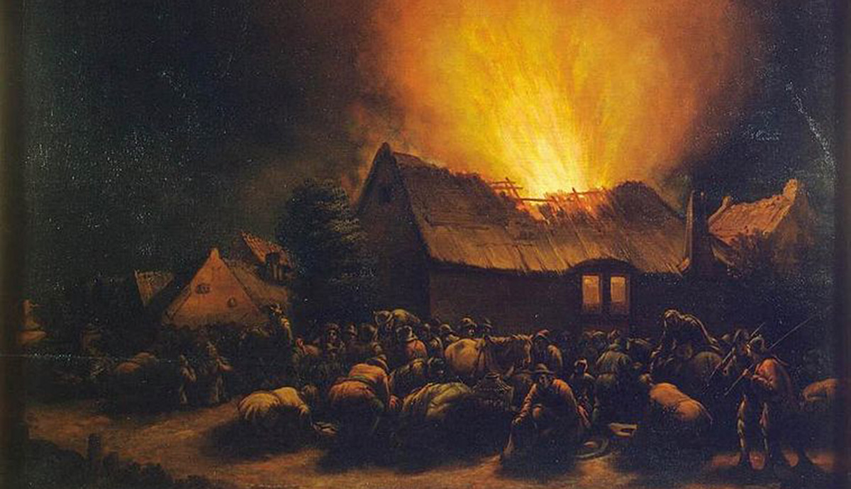 Egbert van der Poel, Fire in a Village (1650) Painting of burning building and mob.