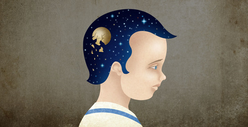 &quot;Concussions in Youth Players&quot; an illustration by Vlad Alvarez depicting a young boy with hair that looks like stars.