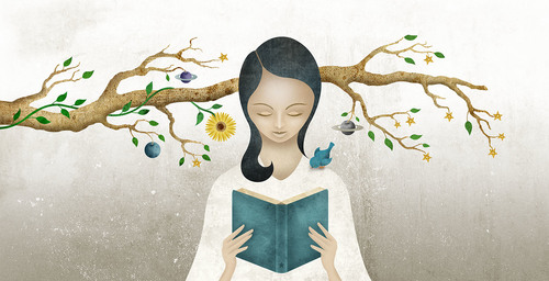 &quot;Fruitful Reading&quot; an illustration by Vlad Alvarez of a girl reading in front of a tree branch.