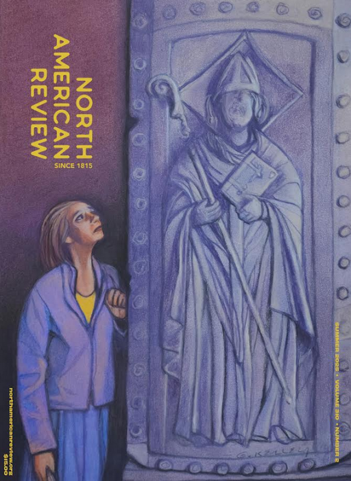 cover art: woman looking up at sculpture