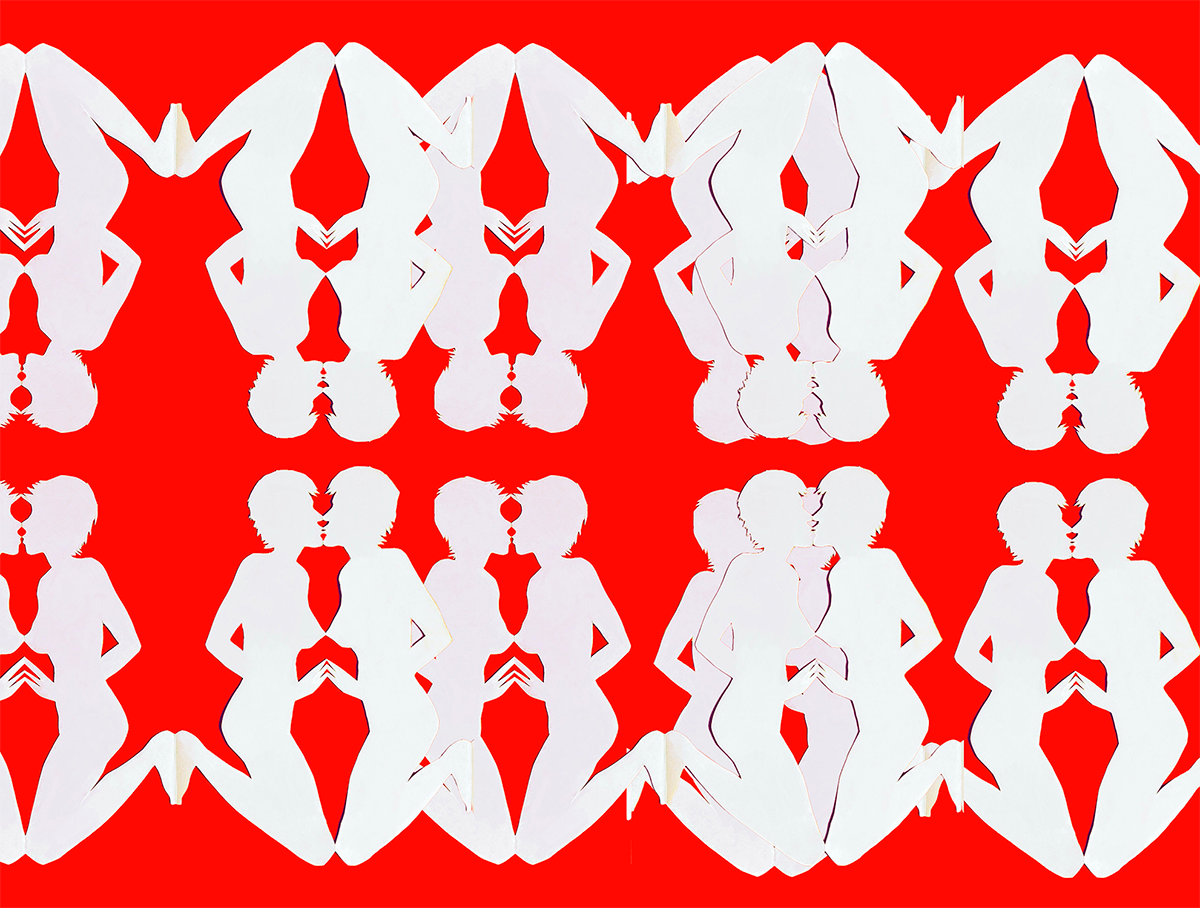 white paper dolls on a red background