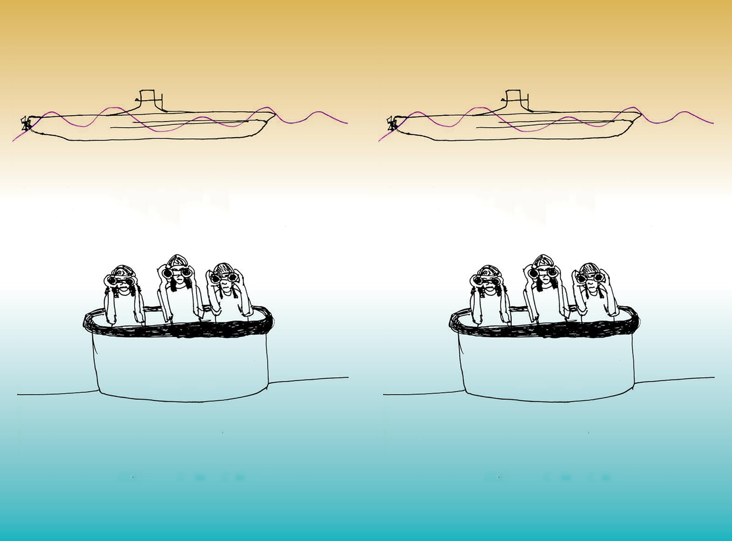 Drawing of Submarine and Three Women Looking through Binoculars