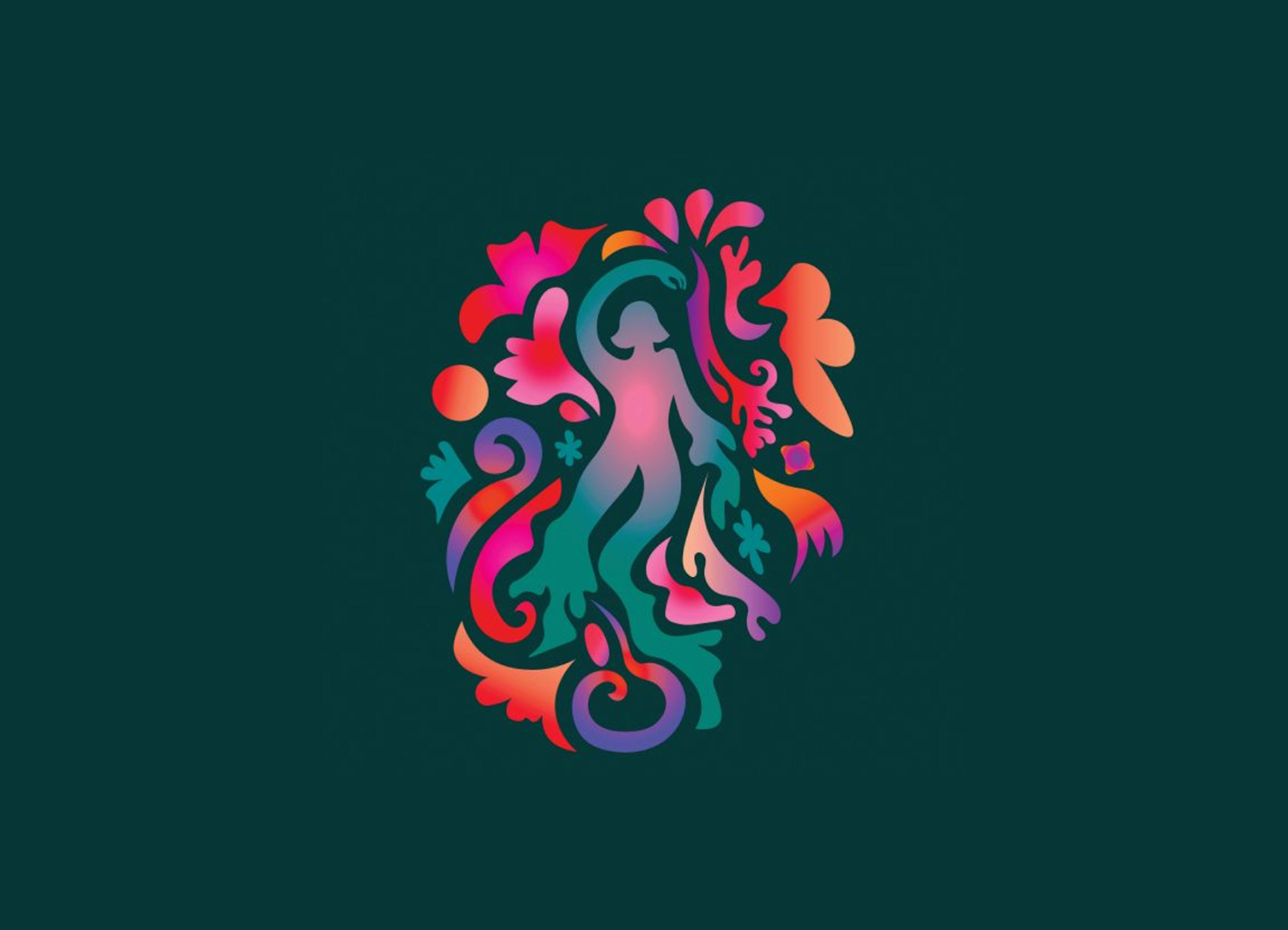 Rainbow figure on green background