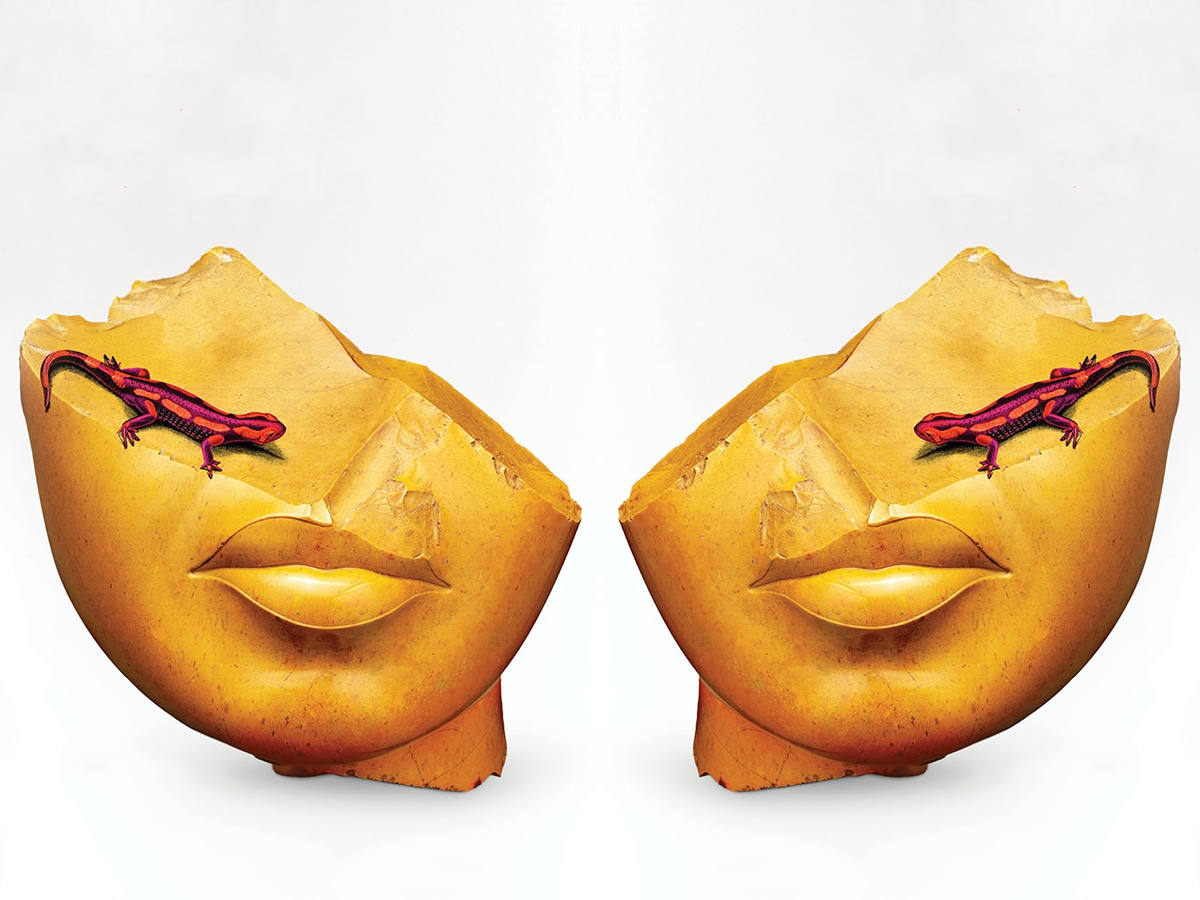 broke yellow bust with red salamander