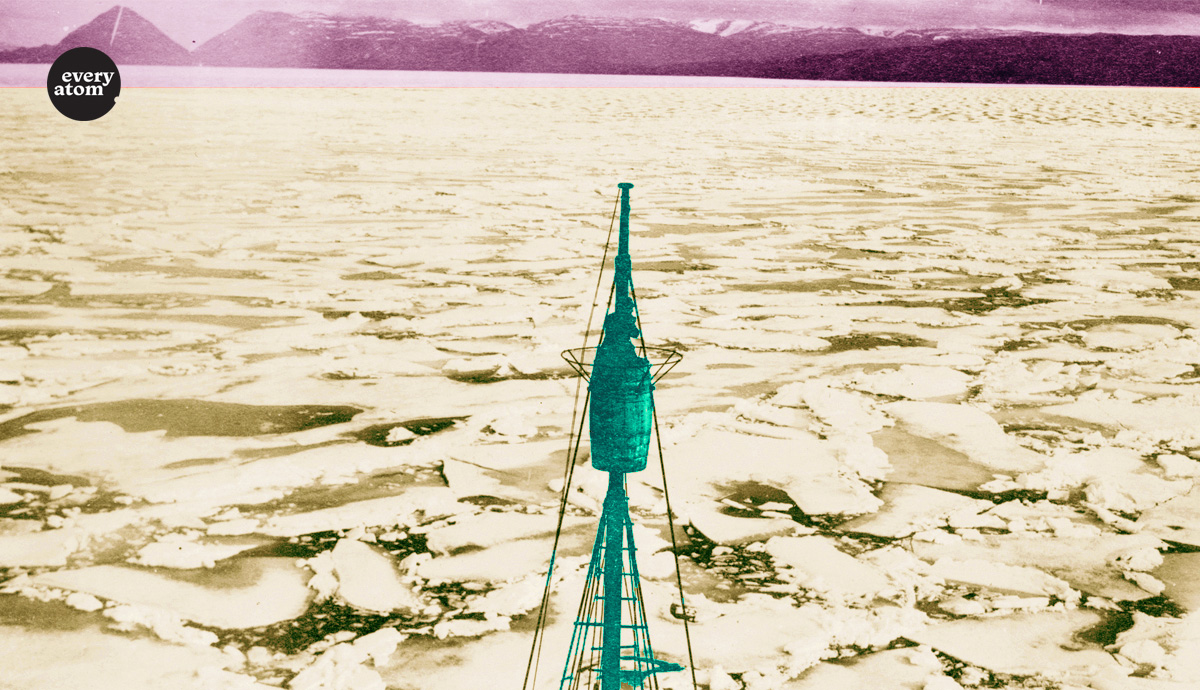 negatively colored ship mast amid an icescape 