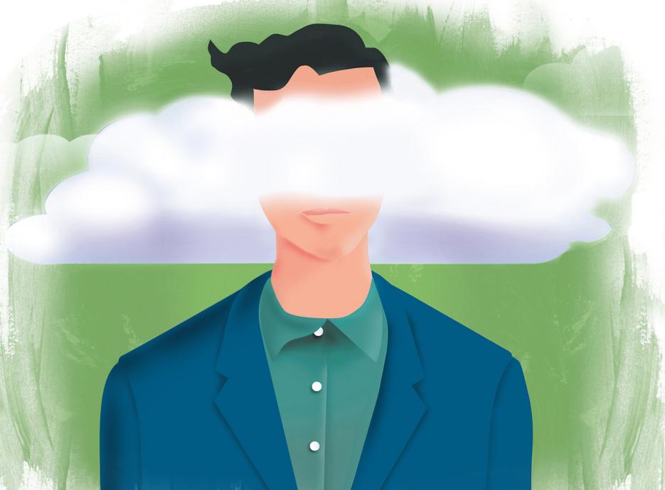 Illustration of man with his head in the clouds