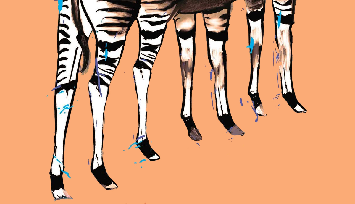 Painting of the bottom half of a zebra with seven legs