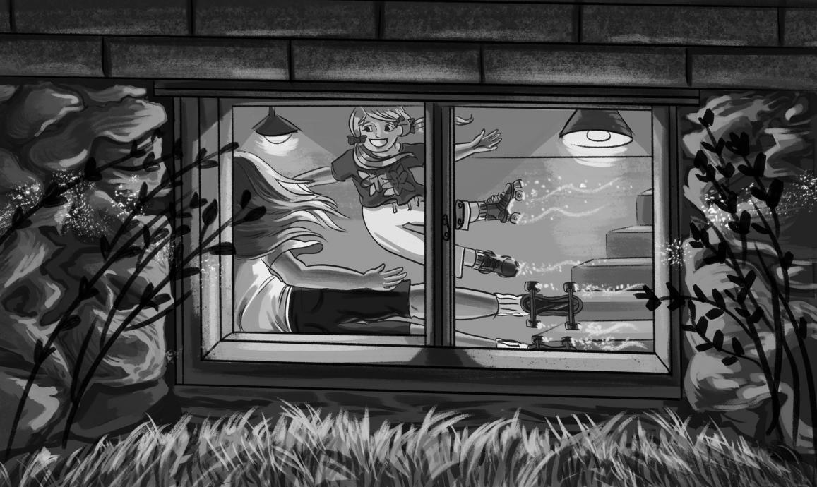 Black and White Cartoon, woman floating outside window