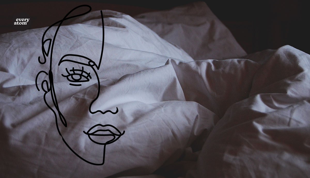 Line drawing of a face over rumpled bedding