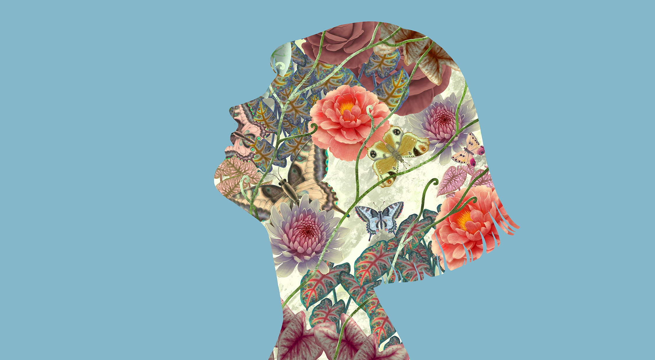 outline of woman's head filled with collage of flowers
