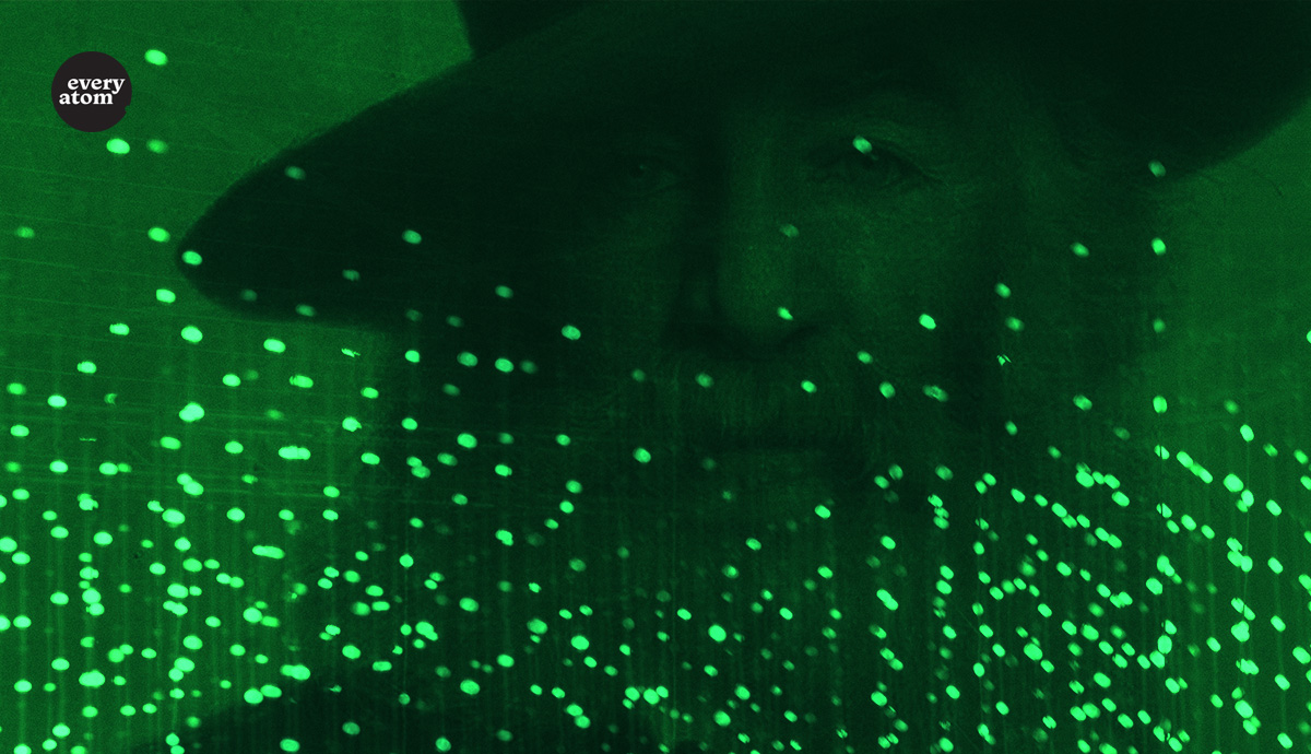 Whitman's face through green lights