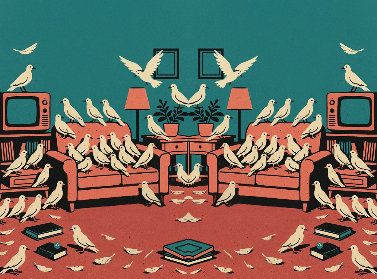 Pigeons in a living room with books and a TV.