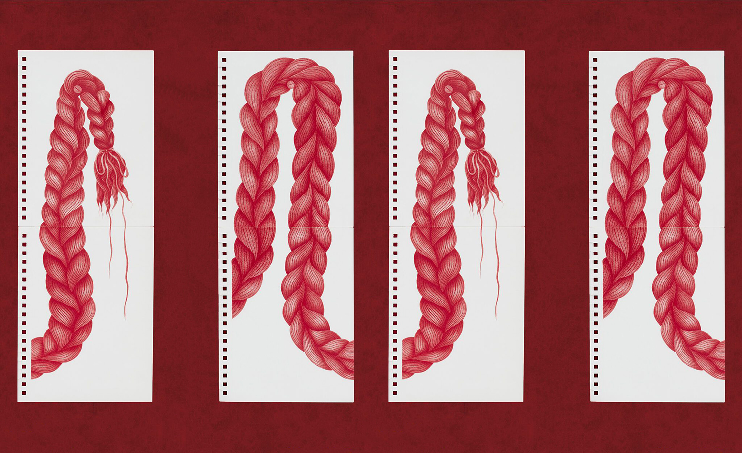 red braids drawn on white paper with red background