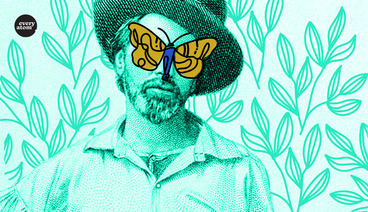 Walt Whitman with a butterfly over his face.