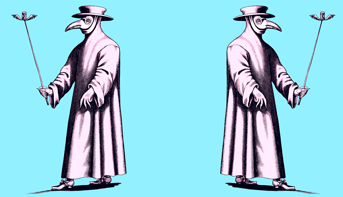 Two images of doctors in plague beaks