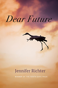 The cover of Dear Future, which features a crane flying into a sunset above the clouds.