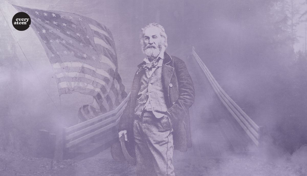 Smoky bridge with Whitman by an American flag