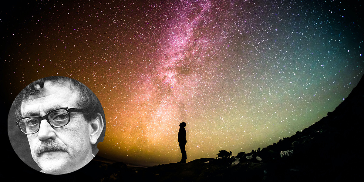 Kurt Vonnegut Contest Header Graphic | Headshot of Vonnegut above a man looking up into space, which is brightly colored