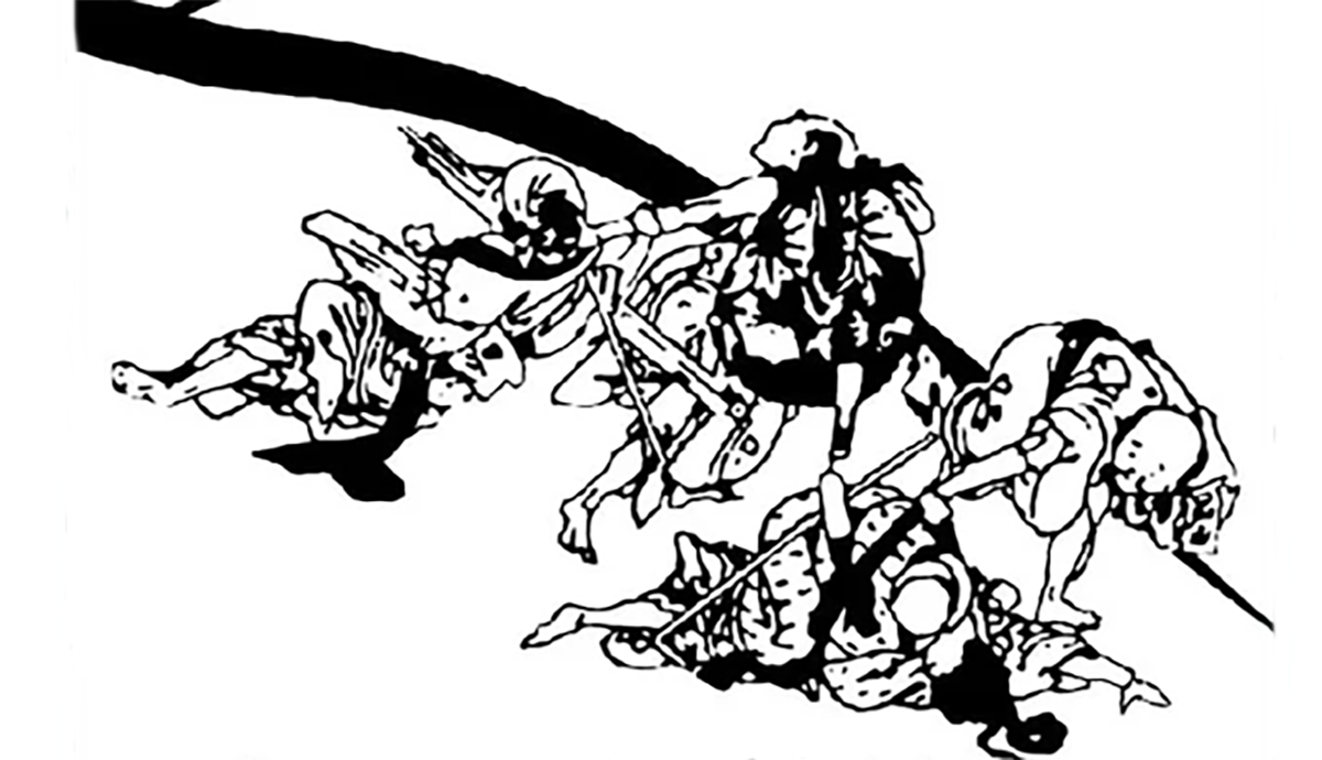 Header Graphic: Inked drawing of four people stumbling | Image Credit: one hundred visions of war book cover