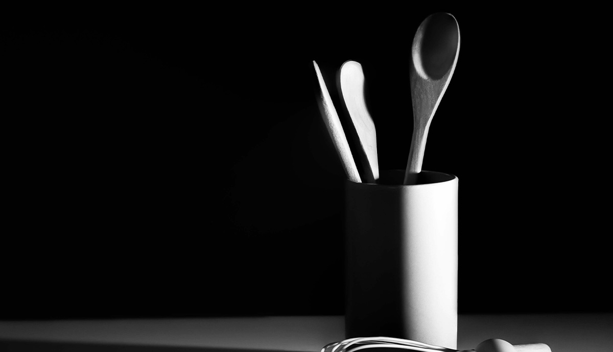 White and black photo of kitchen utensils | Rae Wallis