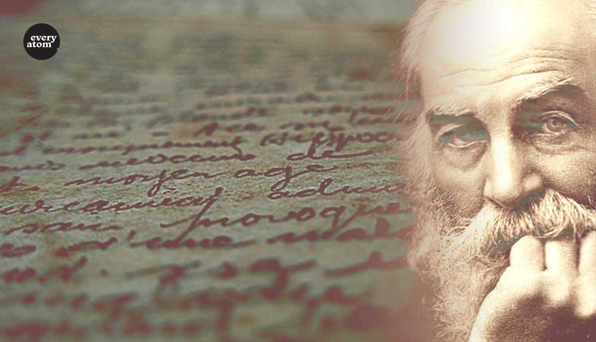 Whitman foregrounded on a scroll of cursive