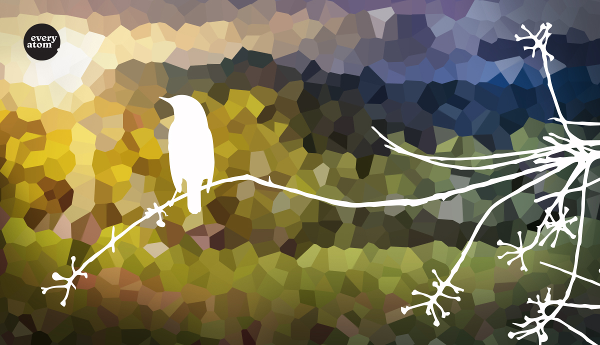 White outline of a bird on a branch in front of mountainscape