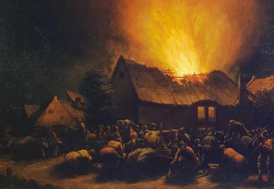 Egbert van der Poel, Fire in a Village (1650) Painting of burning building and mob.