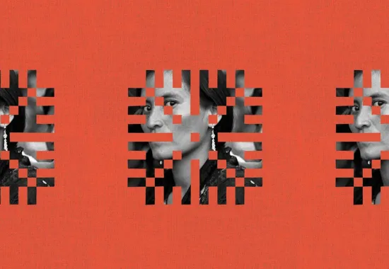 Black and white woman looking through orange design.jpg