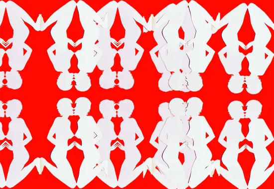 white paper dolls on a red background