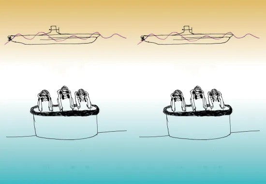Drawing of Submarine and Three Women Looking through Binoculars