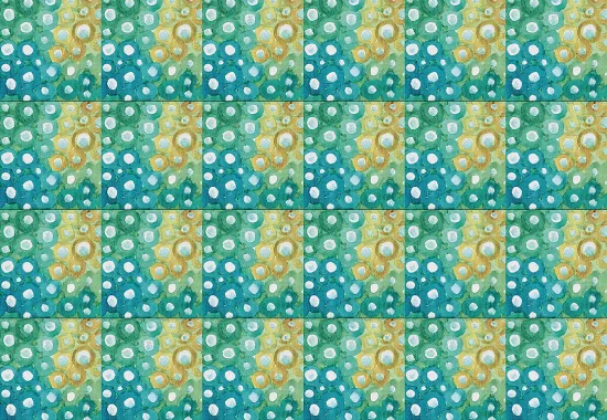 abstract painting of green, yellow, blue, and white circles