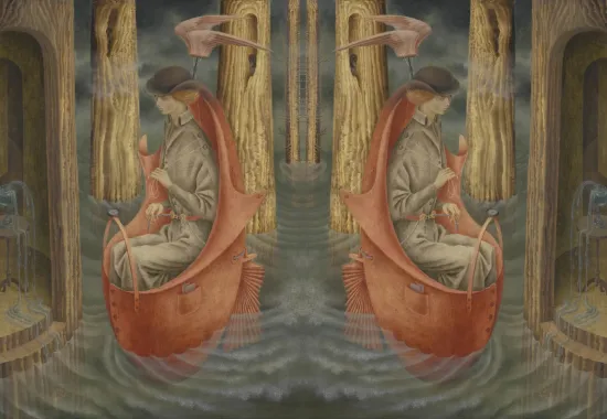 Surrealist Painting of a Woman in a Boat