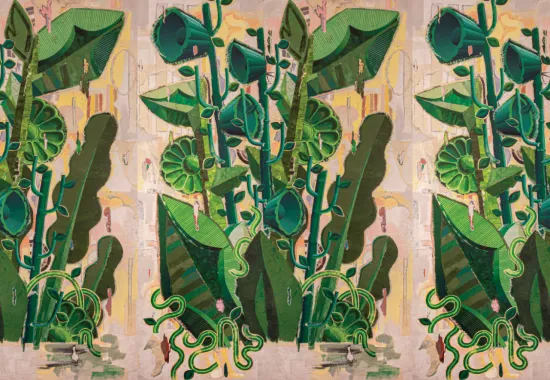 Zoomed in image of cover of "This one we call ours." Abstract of plants growing.