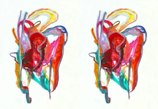 Abstract painting, red, yellow, and blue