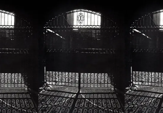 Black and white photo of a gate
