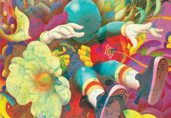 Colorful animated figure being pulled into flowers
