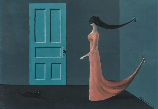 woman in red dress facing a blue door