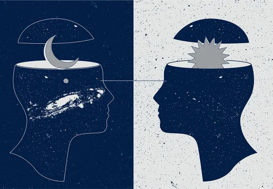 Illustration of two heads facing one another with moon and sun coming from each head