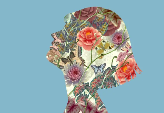outline of woman's head filled with collage of flowers