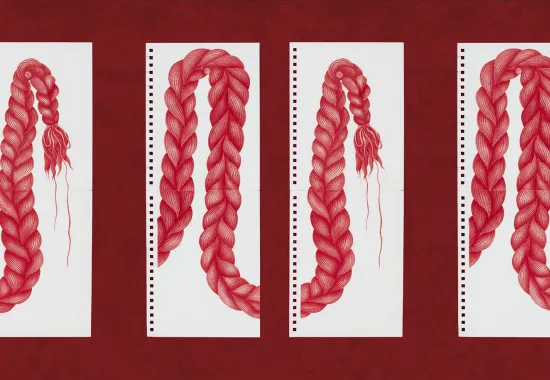 red braids drawn on white paper with red background