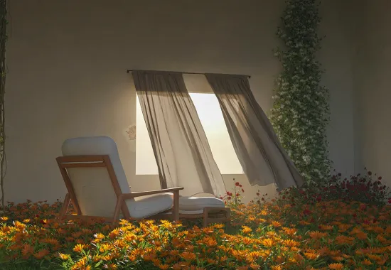 sunny window with curtains in a room full of flowers