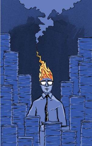 Illustration of Man Whose Head is on Fire Surrounded by Stacks of Papers
