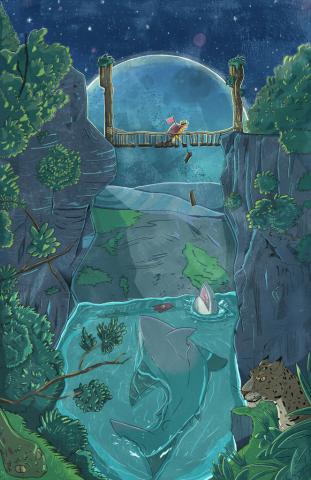 Danger in the Journey. An illustration by Christian Ruiz of a bridge with water underneath and dangers within.