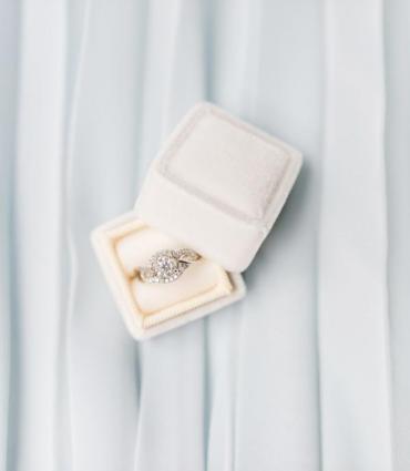 Image of an engagement ring in a white box against a white background