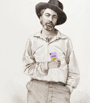 Whitman with a cellphone reading "dead"