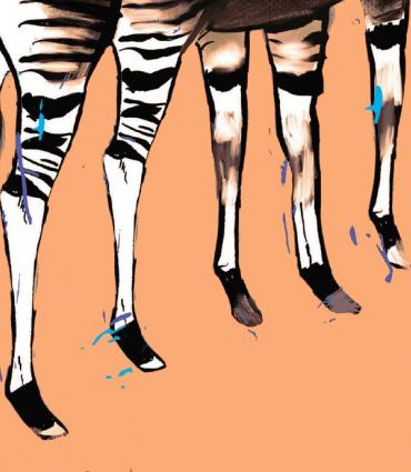 Painting of the bottom half of a zebra with seven legs
