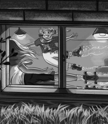 Black and White Cartoon, woman floating outside window