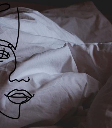 Line drawing of a face over rumpled bedding