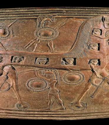 Header Graphic: Aged Greek Pottery with warriors and a giant horse | Image Credit: Dos Madres Press