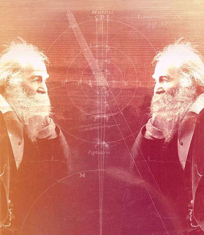 reflected Whitman with a clock in the background